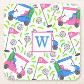 ピンクブルーグリーンゴルフ名門私立校風のイニシャル スクエアペーパーコースター (正面)