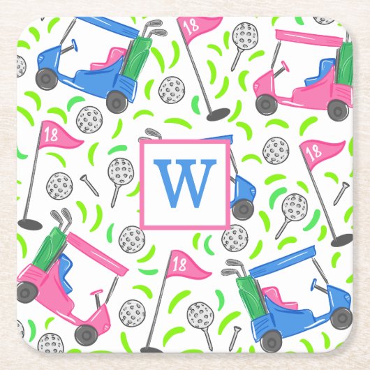 ピンクブルーグリーンゴルフ名門私立校風のイニシャル スクエアペーパーコースター (正面)