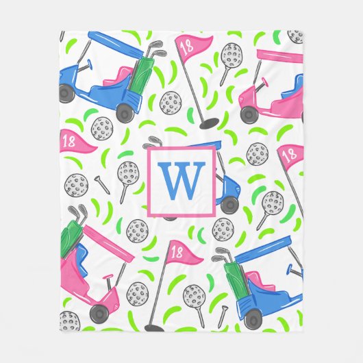 ピンクブルーグリーンゴルフ名門私立校風のイニシャル フリースブランケット (正面)