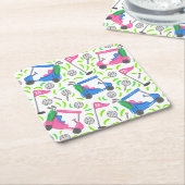 ピンクブルーグリーンゴル名門私立校風のフ スクエアペーパーコースター (アングル)