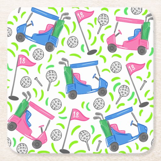 ピンクブルーグリーンゴル名門私立校風のフ スクエアペーパーコースター (正面)