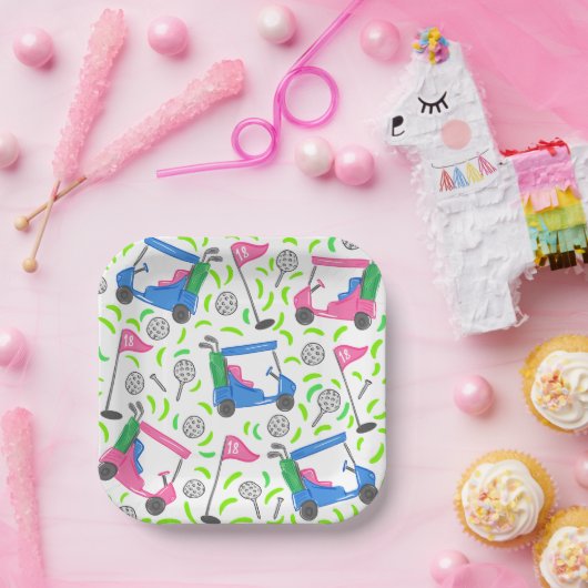 ピンクブルーグリーンゴル名門私立校風のフ ペーパープレート (パーティー)