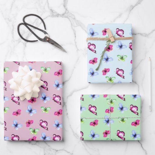 ピンクブルーグリーンバタフライベビーシャワー誕生日 ラッピングペーパーシート (正面)