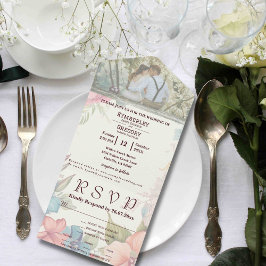 ピンクブルーグリーンフローラカップルの写真 オールインワン招待状