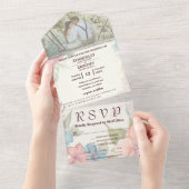 ピンクブルーグリーンフローラカップルの写真 オールインワン招待状 (貼ってはがせる)