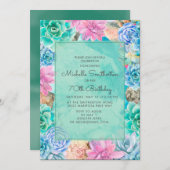 ピンクブルーグリーンフローラ多肉株70誕生日 招待状 (正面/裏面)