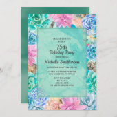 ピンクブルーグリーンフローラ多肉株75誕生日 招待状 (正面/裏面)