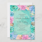 ピンクブルーグリーンフローラ多肉類80誕生日 招待状 (正面)