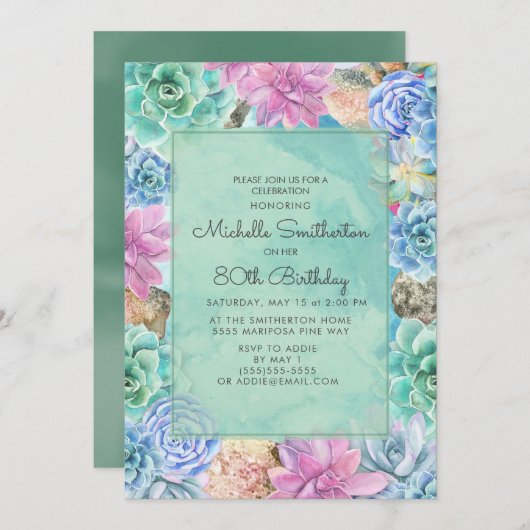 ピンクブルーグリーンフローラ多肉類80誕生日 招待状 (正面/裏面)