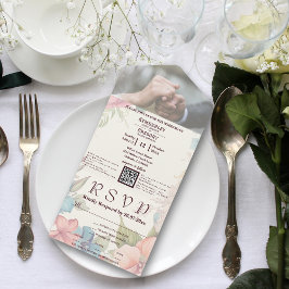 ピンクブルーグリーンフローラQRコード写真 オールインワン招待状