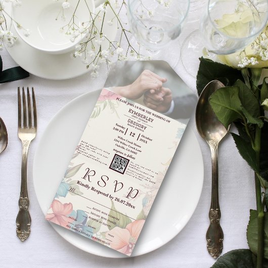 ピンクブルーグリーンフローラQRコード写真 オールインワン招待状