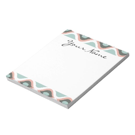 ピンクブルーグレイ幾何学的イカット部族プリントパターン ノートパッド (回転)