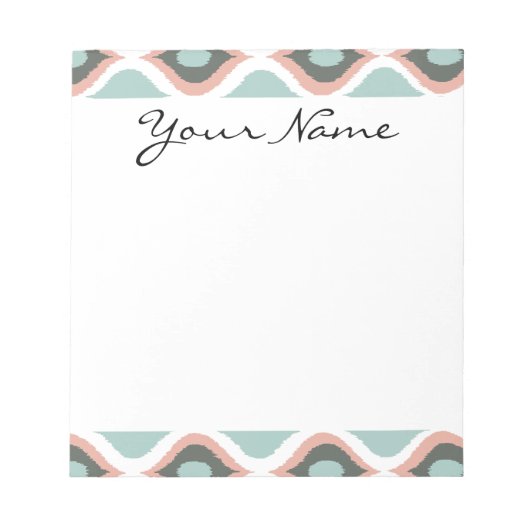 ピンクブルーグレイ幾何学的イカット部族プリントパターン ノートパッド (正面)