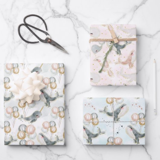 ピンクブルーグレーホエールバルーン誕生日ベビーシャワー ラッピングペーパーシート (正面)