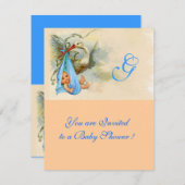 ピンクブルーコウノトリ男の赤ちゃんシャワーモノグラム 招待状 (正面/裏面)