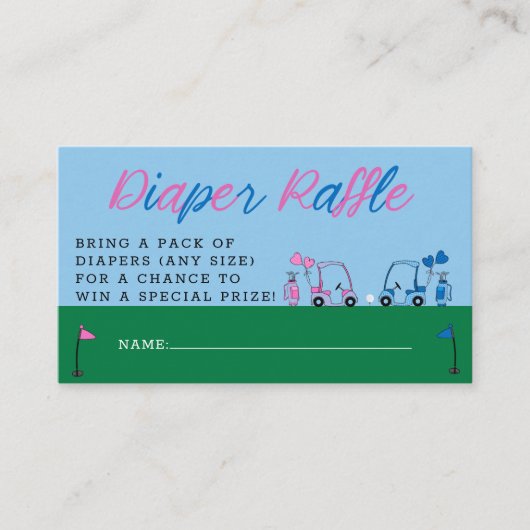 ピンクブルーゴルフジェンダーリビールおむつラッフルチケット エンクロージャーカード (正面)