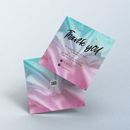 ピンクブルーサテングリッタービジネスサンキューカード スクエア名刺