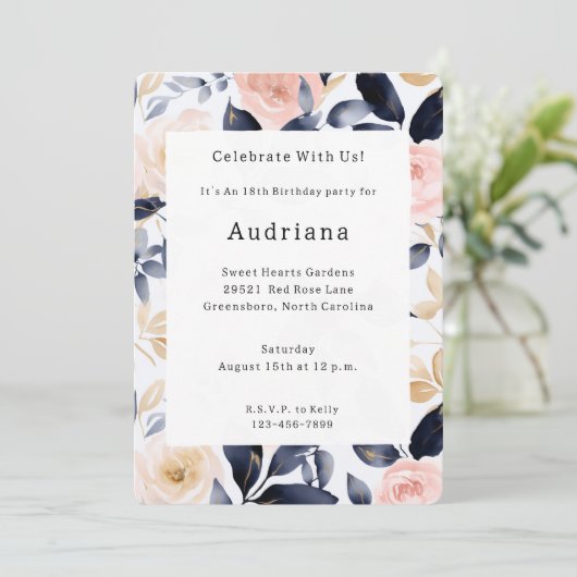 ピンクブルーシックフラワーズ誕生日 招待状 (スタンド正面)