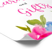 ピンクブルーシックBohoフローラ水色ブライダル標識 ポスター (角)