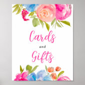 ピンクブルーシックBohoフローラ水色ブライダル標識 ポスター (正面)