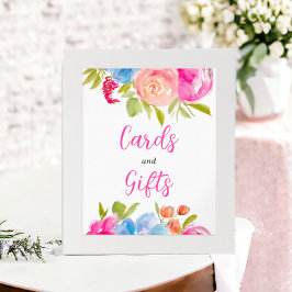 ピンクブルーシックBohoフローラ水色ブライダル標識 ポスター