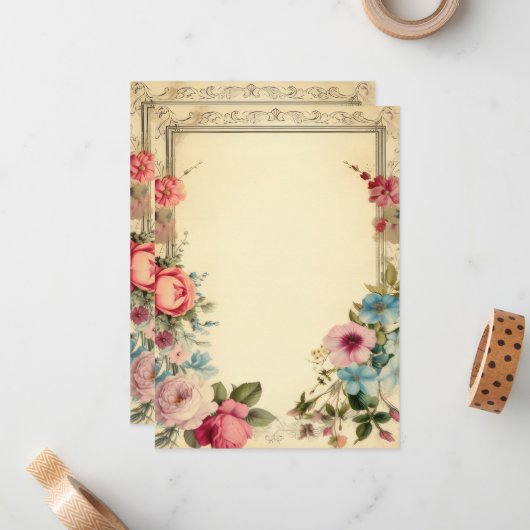 ピンクブルーシャビーヴィンテージアンティークフローラ文具 ノートカード (正面/裏面インサイチュ)