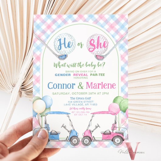 ピンクブルージェンダーリビールゴルフパー – ティー赤ちゃんシャワー 招待状