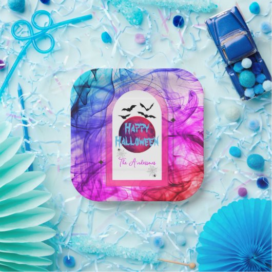 ピンクブルースパイダーウェブフルムーンこうもりハッピーハローウィン ペーパープレート (パーティー)