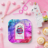 ピンクブルースパイダーウェブフルムーンこうもりハッピーハローウィン ペーパープレート (パーティー)