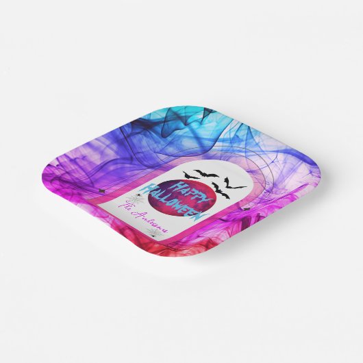 ピンクブルースパイダーウェブフルムーンこうもりハッピーハローウィン ペーパープレート (傾斜あり)