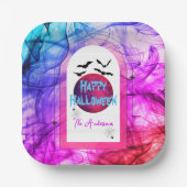 ピンクブルースパイダーウェブフルムーンこうもりハッピーハローウィン ペーパープレート (正面)