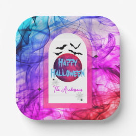ピンクブルースパイダーウェブフルムーンこうもりハッピーハローウィン ペーパープレート