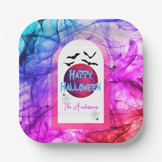 ピンクブルースパイダーウェブフルムーンこうもりハッピーハローウィン ペーパープレート (正面)