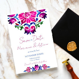 ピンクブルースペインのタラベラ結婚タイル セーブザデート