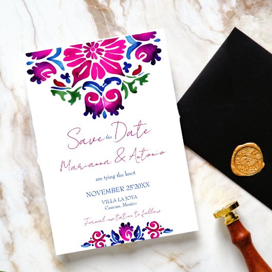 ピンクブルースペインのタラベラ結婚タイル セーブザデート