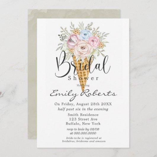 ピンクブルーセージのアイスクリームコーンブライダルシャワー 招待状 (正面/裏面)