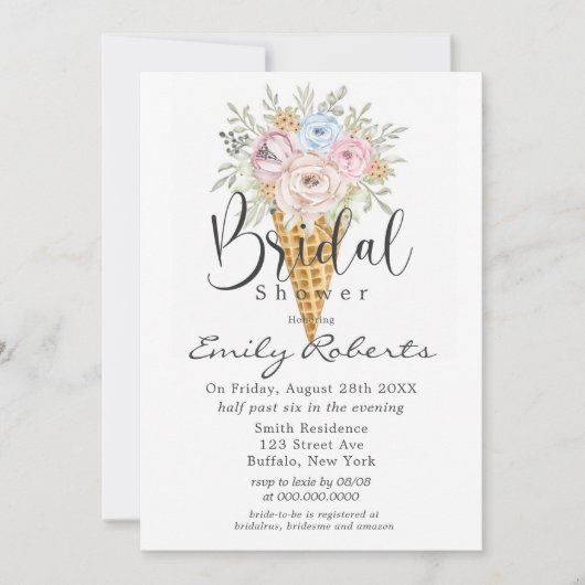 ピンクブルーセージのアイスクリームコーンブライダルシャワー 招待状 (正面)