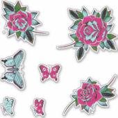 ピンクブルータトゥーバラ蝶 シール (正面)