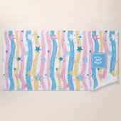 ピンクブルーターコイズスターフィッストライプのシュ ビーチタオル (正面)
