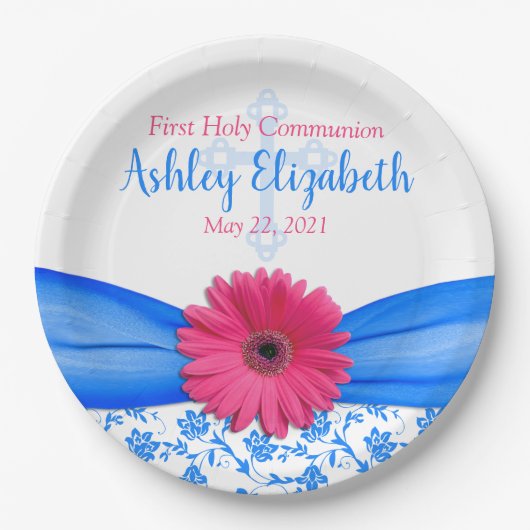 ピンクブルーダマスクデイジーファーストコミュニオン ペーパープレート (正面)