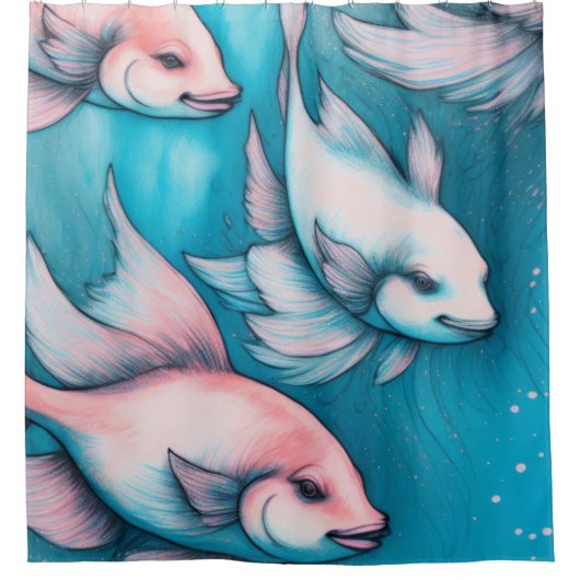 ピンクブルーチョークスケッチ魚 シャワーカーテン (正面)