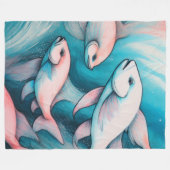 ピンクブルーチョークスケッチ魚 フリースブランケット (正面(横))