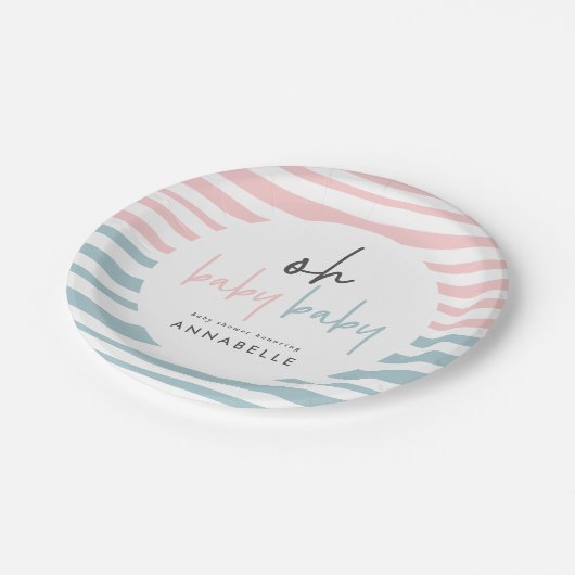 ピンクブルーツインベビーシャワータイポグラフィモダン紙 ペーパープレート (アングル)