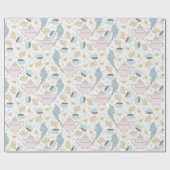 ピンクブルーティーポットティーカップ白 ラッピングペーパー (フラット)