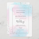 ピンクブルーティール（緑がかった色）ウォーターカラーシルバー紙吹雪結婚ズ 招待状 (正面/裏面)