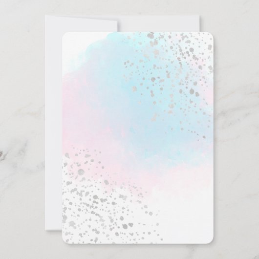 ピンクブルーティール（緑がかった色）ウォーターカラーシルバー紙吹雪結婚ズ 招待状 (裏面)