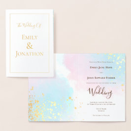 ピンクブルーティール（緑がかった色）ウォーターカラー結婚紙吹雪の金ゴールド 箔カード