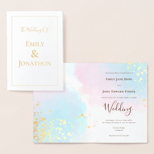 ピンクブルーティール(緑がかった色)ウォーターカラー結婚紙吹雪の金ゴールド 箔カード (ディスプレー)