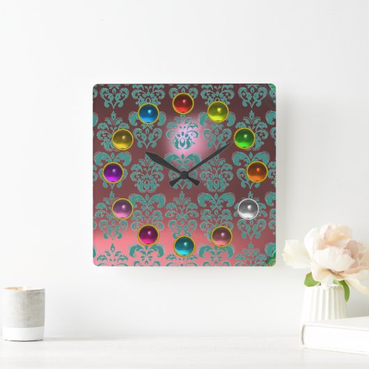 ピンクブルーティール（緑がかった色）ダマスカラフルクと3D宝石石 スクエア壁時計 (ホーム)