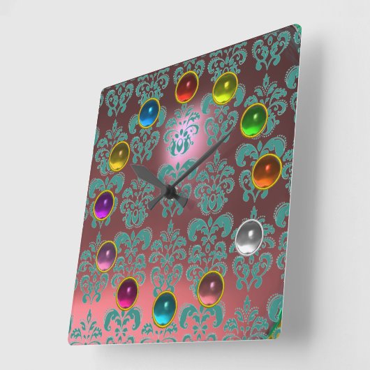 ピンクブルーティール（緑がかった色）ダマスカラフルクと3D宝石石 スクエア壁時計 (傾斜)